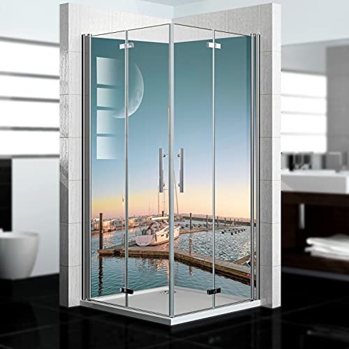 dedeco Eck-Duschrückwand wasserfest Motiv: Hafen V1, 2 x 80x200 cm, als Badrückwand zum Fliesenersatz, als Dekorwand, Wandverkleidung und Duschplatte aus Aluminium - Made in Germany