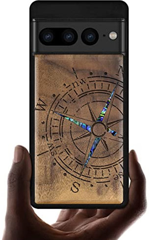 Carveit Designer Wooden Case for Google Pixel 7 Pro Case Cover [Wood Engraving & Shell Inlay] Unique Wood Phone Case Compatible with Wireless Chargers Pixel 7 Pro Case (Compass-Walnut)