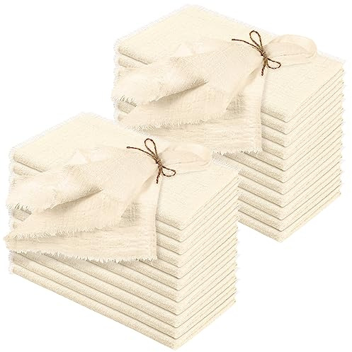 Preboun 24 Pcs Fringe Napkins Bulk Cloth Cotton Soft 17 x 17 Inch Rustic Reusable Washable Festive Square Table Napkins with Fringe for Parties Wedding Restaurant Table Accessory(Ivory)