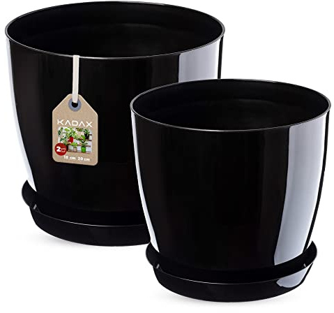 KADAX Lot de 2 pots de fleurs avec soucoupe, bac à fleurs rond en plastique pour l'intérieur et plantes d'intérieur, pot à herbes aromatiques (lot de 2 - 18 + 20 cm, noir)