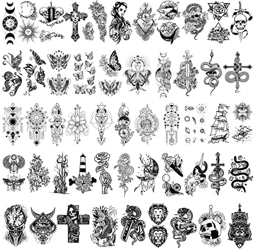 HOWAF 52 Blätt Schwarz Temporäre Tattoos Frauen Männer, Fake Tattoos Erwachsene Wasserdichtes Tattoo Stickers Tattoo Aufkleber Schädel Schmetterling Schlange Blume Kleine Körperkunst Aufkleber Haut