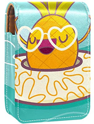 Funny Ananas comosus with Lifebuoy Portable Lipstick Case for Traveling,Mini Lipstick Storage Box with Mirror for Women Ladies, Leather Cosmetic Pouch