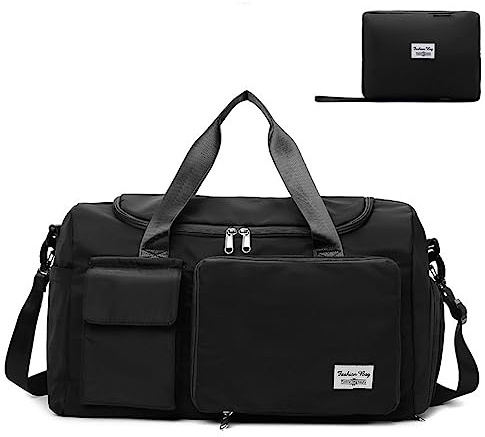 Borsone da Viaggio Pieghevole Borsone Palestra - Borsa Sportiva con Scomparto Scarpe Grande Capacità Borsa Weekend Borsa Palestra con tasca bagnata per Viaggi, Fitness, Allenamento (Nero)