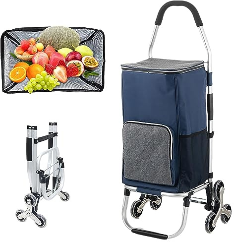 Einkaufstrolley, Faltbarer Einkaufswagen, mit Treppensteiger, mit Kühlfach, Abnehmbare Tasche, Wasserdichter, Max. Belastbarkeit 35 kg (Blue)