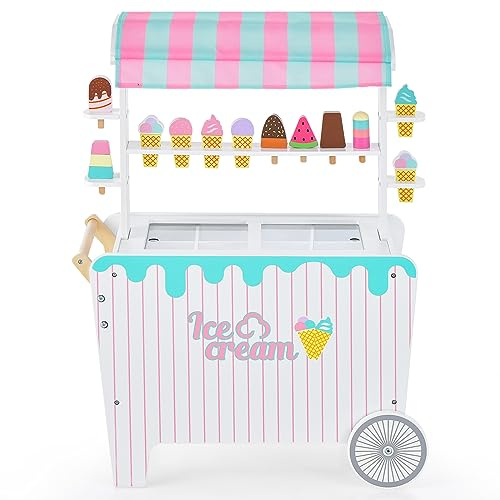 COSTWAY Carrito de Helado de Juguete, Juego de Juguetes de Simulación de Helado, 12 Accesorios de Helado, Juego de Carretilla de Madera, Juego de Helado para Niños y Niñas a Partir de 3 Años