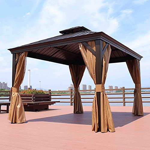 PRUJOY 10 x 10 Fuß Hardtop-Pavillon für den Außenbereich, Doppeldach, Aluminiumrahmen, permanenter Pavillon mit Vorhängen und Netz