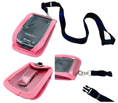 SEWAS Diabetic Care - Tasche zum Umhängen - für Freestyle Libre Messgerät 1, 2 & 3 - Umhängetasche mit Gürtelclip und Sichtfenster - inklusive Umhängeband - Pink