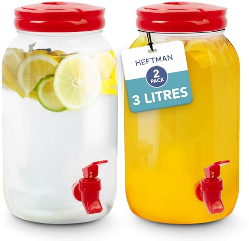 HEFTMAN Plastic Drink Dispenser with Tap - 2 Pack 3L Cold Water Dispenser with Tap, Handle, Screw-Top Lid Fridge Water Dispenser Cocktails, Infused & Soft Drinks for BBQ's Parties Home (Rose Red)