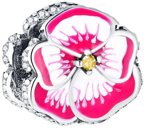 WINRARO Breloque fleur de pensée rose pour bracelets, pendentif en perles en argent sterling 925, cadeau pour femme, fille, maman, famille