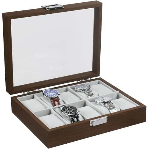 TRIXES Boîte à montres en bois à 10 emplacements – Organiseur de montres en bois avec fenêtre en verre – Boîte avec coussins amovibles