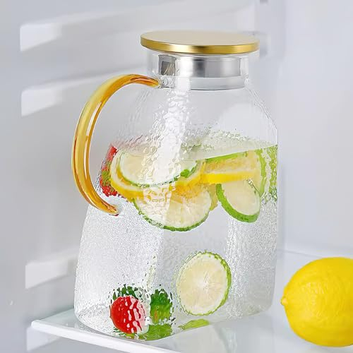 Jarra de Vidrio de 1800 ml, Jarra de Vidrio con Tapa de Acero Inoxidable, Jarra de Agua de Vidrio Duradera, Jarra refrigerada para té Helado, Agua fría y Caliente, café, Leche, Jugo(Transparente)