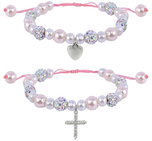GOWTX 2Pcs Pearl and Rhinestone First Communion Bracelets, Heart Cross Rosary Bead Bracelets, Holy Baptism Gift Charm Bracelets, First Communion Confirmation Pearl Gift for Girls Baby's Christening