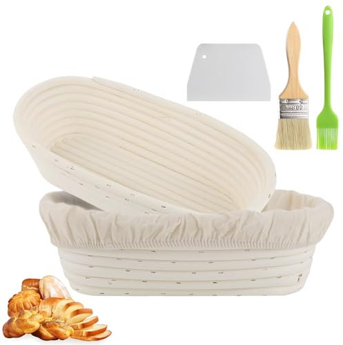Set di 2 cestini per la fermentazione per il pane, 30 cm, in rattan naturale, per pane fatto in casa, con raschietto, spazzola per la pulizia e rivestimento in lino, perfetti per cuocere il pane