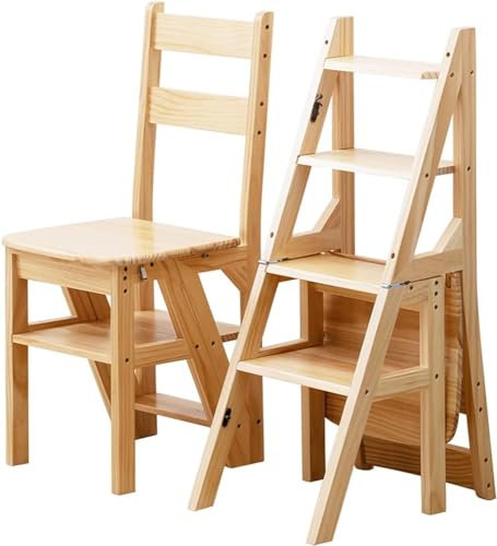 ZMAZHANG 4-Step Folding Library Ladder Chair Solid Wood Step Ladders Step Chair Foldable Stool Dual Purpose Stepladders Display Stand Flower Stand(Color:Wood)