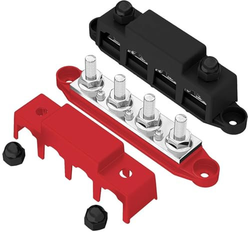 12V-48V DC Bus Bar Power Distribution Block 3/8 (M10) 4 Studs Heavy Duty Busbar Stud Terminal Junction Block with Cover and Ring Terminals 250 Amp for Cars RVs Ships Yachts (Red+Black)
