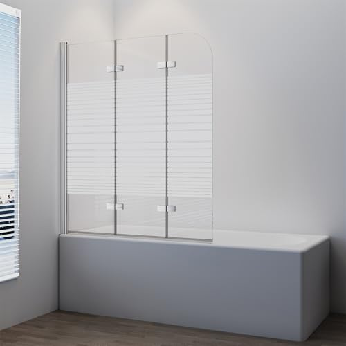 IMPTS Duschwand Faltwand für Badewanne 3 teilig, Badewannenaufsatz mit Milchglas Streifen 140x140cm Badewannenfaltwand Duschabtrennung mit 6mm Teilsatiniert Nano ESG Glas 180° Schwingen