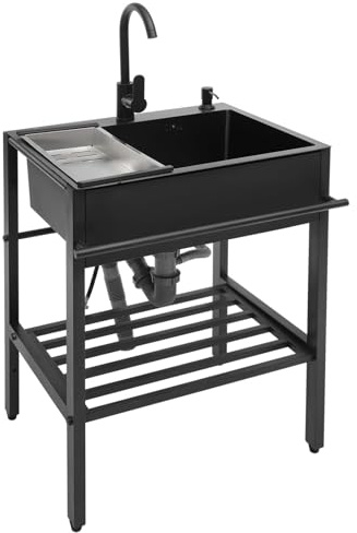 Freistehendes Spuelbecken Edelstahl Schwarz, Küchenspüle Spültisch 1 Becken mit Wasserhahn und Seifenspenders, Küchenzeile Waschbecken, Edelstahl Werkbank Spülbecken für Werkstatt, Bad, WC, Küche