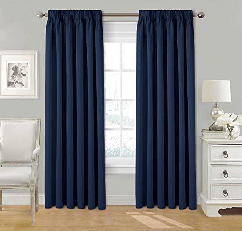 StylemyBedroom Pair Pencil Pleat Tape Top Plain Thermal OUT LINED Curtains with Tie Backs 46 x 54 - Navy Blue