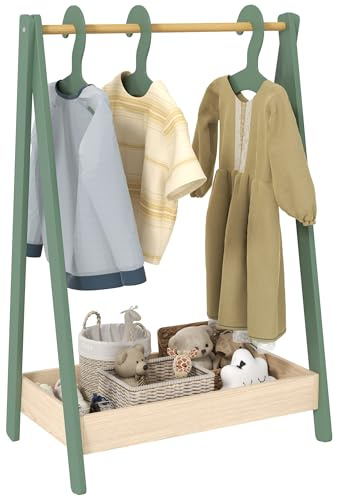 AIYAPLAY Kids Clothes Rail, Children Dress Up Rail with 3 Hangers, Bottom Storage Shelf, Gift for Girls, Boys, Nursery, Bedroom, Green