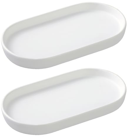 Paquete de 2 bandejas dispensadoras de jabón redondas blancas – Juego de bandeja de cerámica de 8 pulgadas y platos organizadores, decoración de encimera de baño y cocina para dispensador de jabón,