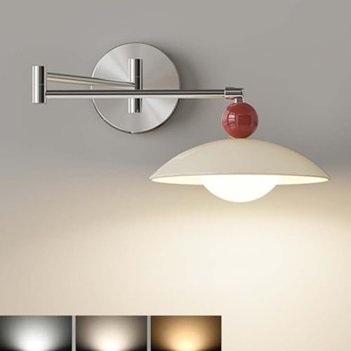 AoLa Schwenkarm Wandleuchte 12W LED Verstellbare Wandlampe Vintage Industrielle Langer Arm Nachttischlampe 3 Farben Drehbar Rund Acrylschirm Wand Leselampen für Schlafzimmer Arbeitszimmer Silber
