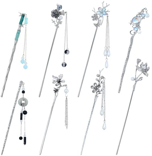 inSowni 8 Pcs Retro Vintage Asian Chinese Traditional Hanfu Silver Metal Flower Hair Sticks with Pearl Bead Pendants Bamboo Lotus Long Hair Chopsticks Forks Bun Updo Holders Hairpins for Women Girls