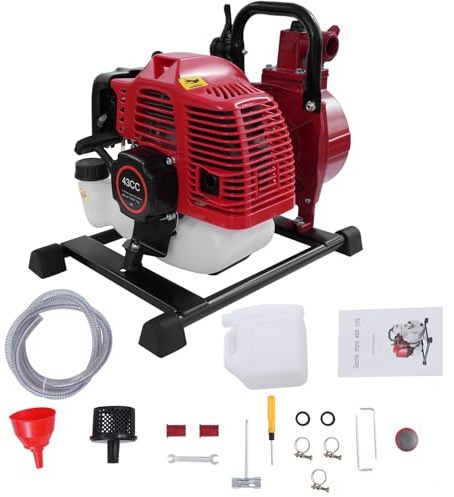 Pompa dell'acqua a benzina da 1,7 HP, portatile, con 8100 l/h e 30 m, tubo di scarico da 2 m e connettore da 1 pollice, pompa da giardino a 2 tempi, avviamento a fune, base in metallo, maniglia per il