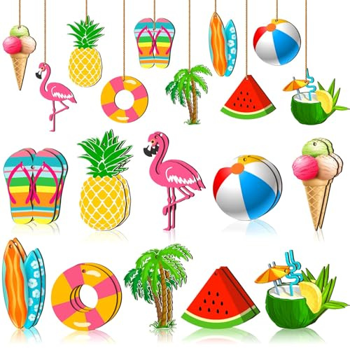 LQTSLFM Sommer Holzanhänger, 20 Stück, Deko Anhänger Hawaii, Holzdeko Hängend, Strandstil, Hängedeko Holz Sommer mit Seil für Fenster, Türen, Gärten, Bäume (Farbe A)