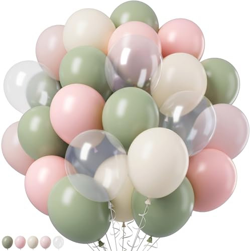Ballons rétro rose et vert sauge, vert olive, rose pâle, rose pastel, crème, blanc transparent pour thé, fête prénatale, mariage, décoration de fête d'anniversaire