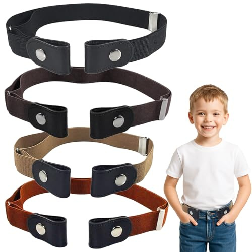4 Stück Elastische Kindergürtel Jungen, Kindergürtel ohne Schnalle, Verstellbarer Stretchgürtel für Kinder Jungen und Mädchen, Multifarbige Gürtel (Beige, Kaki, Kaffee, Schwarz)Ideal für Jeans