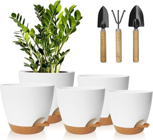 ALUNME 5 Pack White Plant Pots 7/6.5/6/5.5/5 Inch Self Watering Planters with Mesh Drainage Holes and 3 Garden Tools for Indoor Outdoor Garden Plants Flowers