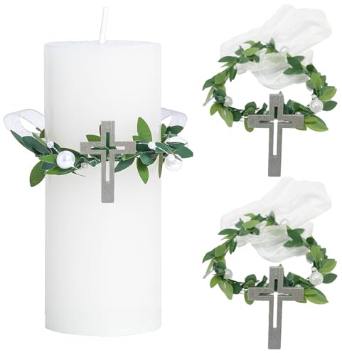 Sugeru 2 velas antigoteo para comunión, velas de bautizo, protección antigoteo, corona blanca para velas, decoración de bautizo, decoración de comunión, velas de boda, velas de comunión (cruzar, 2