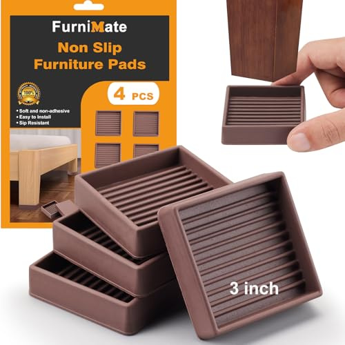 Non Slip Rubber Furniture Pads 3 inch 4PCS, Couch Bed Stoppers to Prevent Sliding, Furniture Coasters, Non Skid Furniture Grippers for Hardwood Floors Brown Square