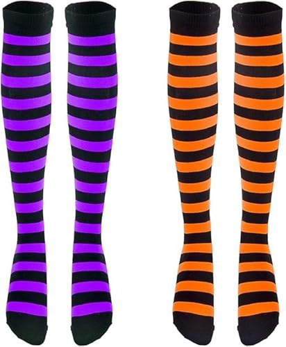 WEITAPYT 2 Paia Calze A Righe, Calzini Lunghi A Righe, Calze A Righes Sopra Ginocchio Donna, Calzini Alte Fino Ginocchio Halloween, Perfetti per Costumi da Festa di Halloween