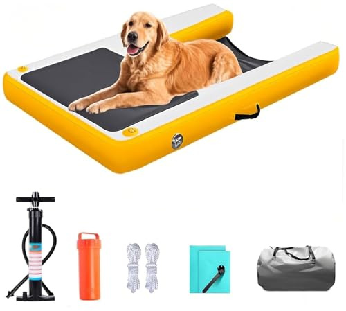 Joyfitness Schwimmende Hunderampe für Pool/Ausstieg - Aufblasbare rutschfeste Leiter mit Zubehör (Pumpe, Seil, Reparaturset) Tragbar für Seen/Anlegestellen (Schwarz, 150x100x10 cm)