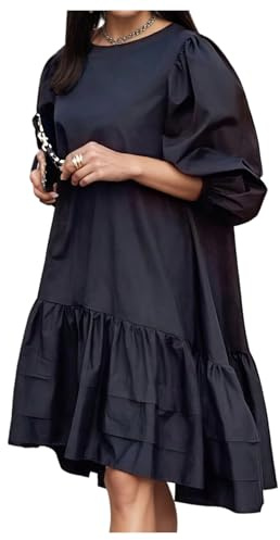 GORGLITTER Women's Peplum Babydoll Formal Dress Puff Sleeve High Low Ruffle Crewneck Funeral Short Dresses Summer Clothes Black X-Large