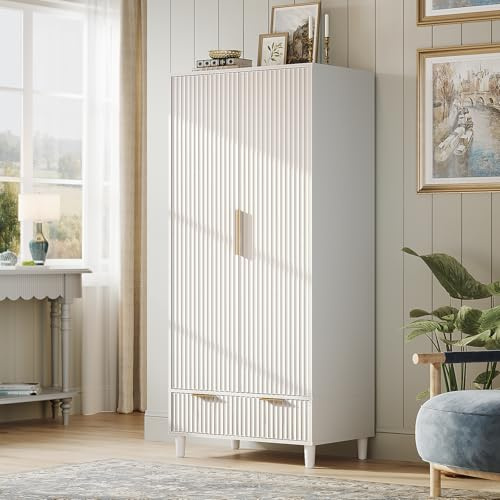 VINGLI Fluted Wardrobe Closet Armoire with Doors And Drawers, White Wardrobe Cabinet with Hanging Rack, Bedroom Closet Wood, Free Standing Armoire with Shelf and Solid Wood Legs, 31.5W*19.7D*69.3H