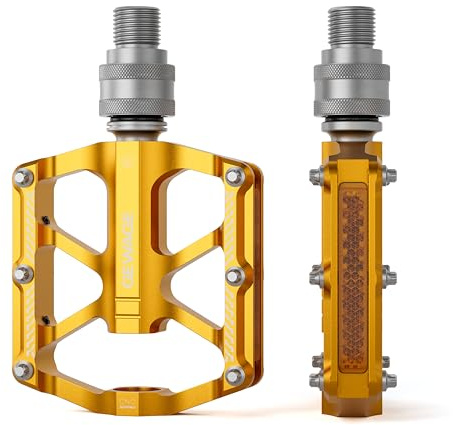 GEWAGE snabbkopplande cykelpedaler 9/16″ – Avtagbara CNC-frästa aluminiumplattformpedaler med 8 halkskyddspinnar & reflexer för vikcykel, fixie, singlespeed & stadscykel (Gold)