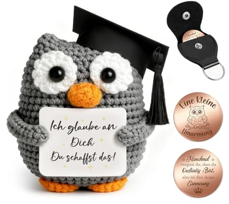 Giftota Pocket Hug Positive Eule - Handgehäkelte Eulen mit Glücksmünze & Lederetui - Glücksbringer & Mutmacher - Gute Besserung - Geschenk für Männer, Frauen