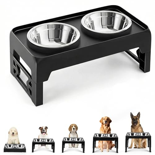 Raised Dog Bowl with Stand – 5 Height Levels Adjustable Elevated Dog Bowls, Non-Slip Noise-Free Feet, Stainless Steel Food & Water Bowls, Easy Clean & Assembly, for Small Medium & Large Dogs