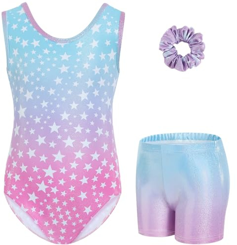 Gogokids Tredelade gymnastiktrikåer för flickor, set med ärmlös trikå, shorts och hårband, glittrande balettdräkter, dansdräkter, gymnastikdräkt med tonad färgdesign, för 3–12 år, 150(140-150 cm,11