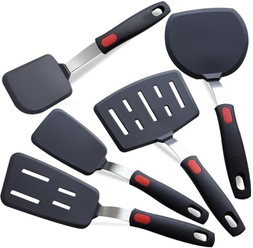 KAKAMINA 5-Pack Silicone Spatula Turner Set, Nonstick Safe | 600°F heat resistant, dishwasher safe, flexible thin edge for eggs and pancakes, easy clean silicone cooking utensils