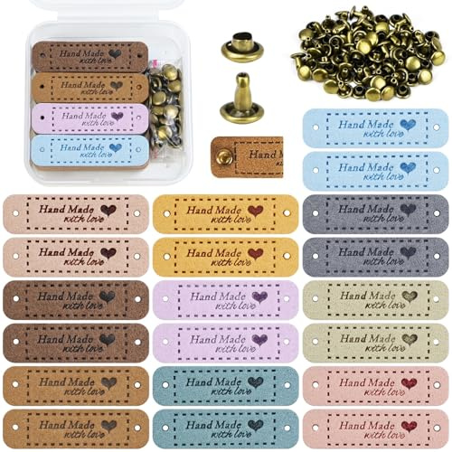 JAXICREY 20 Stück Handmade Label mit Nieten, Bunte Handmade Label zum Annähen Lederlabel zum Aufnähen Lederlabel Lederetiketten für Häkelkleidung Stricken DIY Jeans Taschen Hüte Häkeln