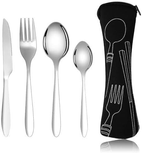 4 PCS Cutlery Set with Portable Pouch Case, Cutlery Set for 1, for Outdoor Travel Picnic Office School Lunch Box(Black)