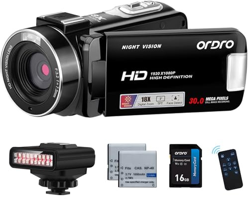 ORDRO Camcorder LN-3 IR Light, 18X Digital Zoom, Night Vision, 270° Rotatable Screen, Full HD 1080P 30MP Camera