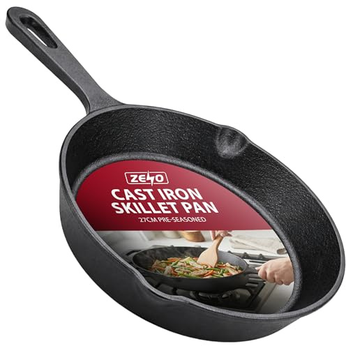 ZENO Cast Iron Skillet Pan 27CM | Pre-Seasoned Cast Iron Pan | Heavy Duty Cast Iron Frying Pan with Dual Handles | Oven Safe Skillet Pan for Hob, Grill, Oven and Camping | Cast Iron Skillet