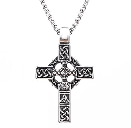 QKEOISUD Mens Viking Celtic Knot Cross Pendant Necklace Stainless Steel Retro Irish Trinity Protection Amulet Jewelry Easter Baptism Prayer Pendant Male Jewelry Accessories