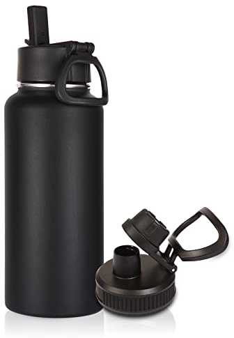 Volhoply 1 Litre Insulated Water Bottle with Straw Lid and Spout Lid,Stainless Steel Sports Water Bottle,Double Wall Vacuum Tumbler,Leakproof Metal Flask with Wide Mouth for Hiking,Camping(Black,1)