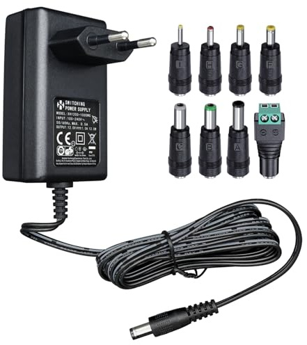 Adattatore di alimentazione 12 V 1 A 1,8 m, Adattatore di commutazione AC DC (ingresso 100-240 V, uscita 12 V 1 A), presa trasformatore a montaggio a parete con 8 prese intercambiabili, omologato CE