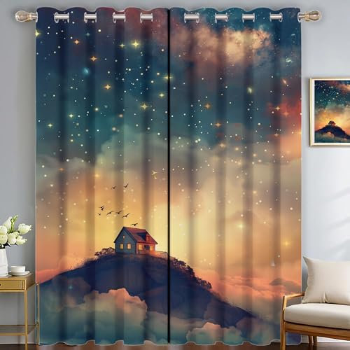 Cartoon Holzhaus Vorhänge Traum Sternenhimmel Ösen Gardinen Mit Blickdichte Thermo Vorhang Kälteschutz Curtain Kinderzimmer Schlafzimmer Verdunkelung Fenster, 2 Stück, H245Xb140